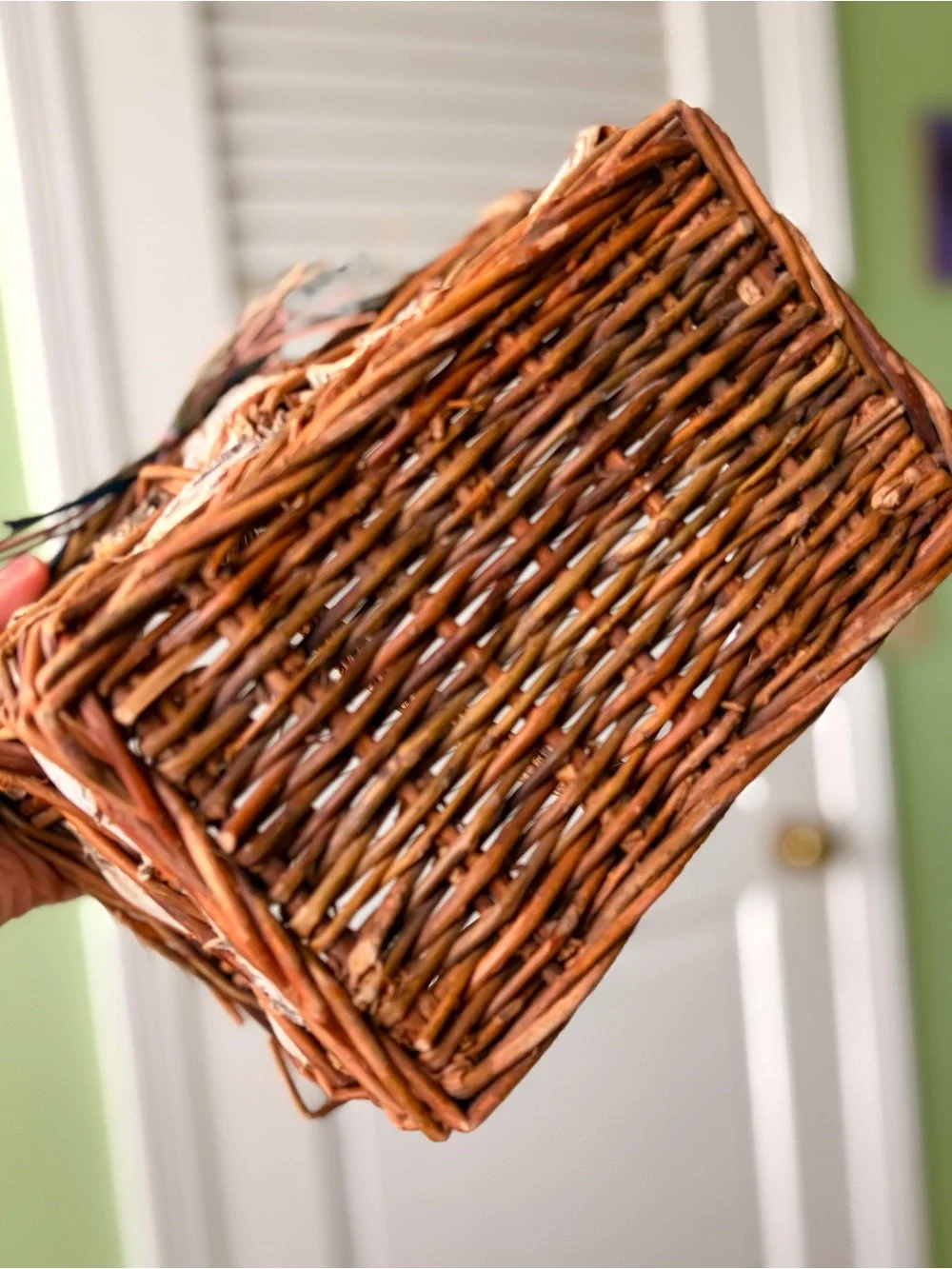 Vintage Handmade Woven Rustic Birch & Wicker Handled Basket - Brown